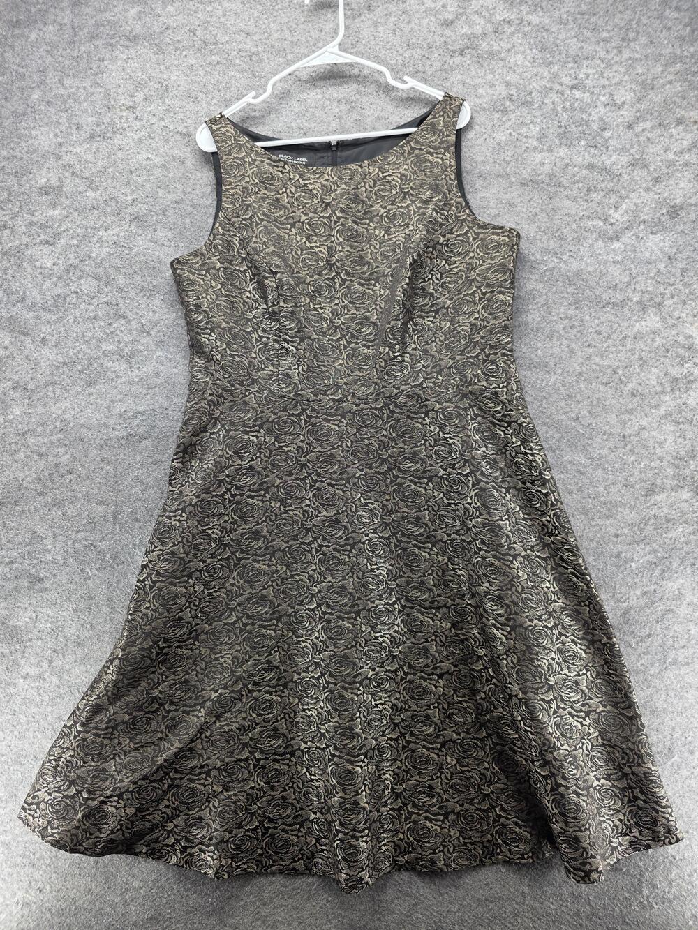 Black Label by Evan-Picone Dress Womens Black Gold Rose Jacquard Fit & Flare